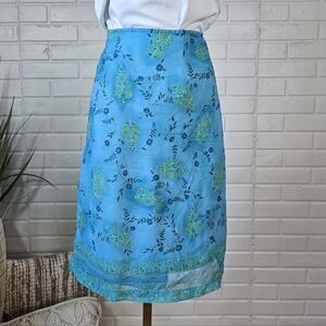 Vintage 90s Wrapper Blue and Green Floral Midi Skirt 11/12